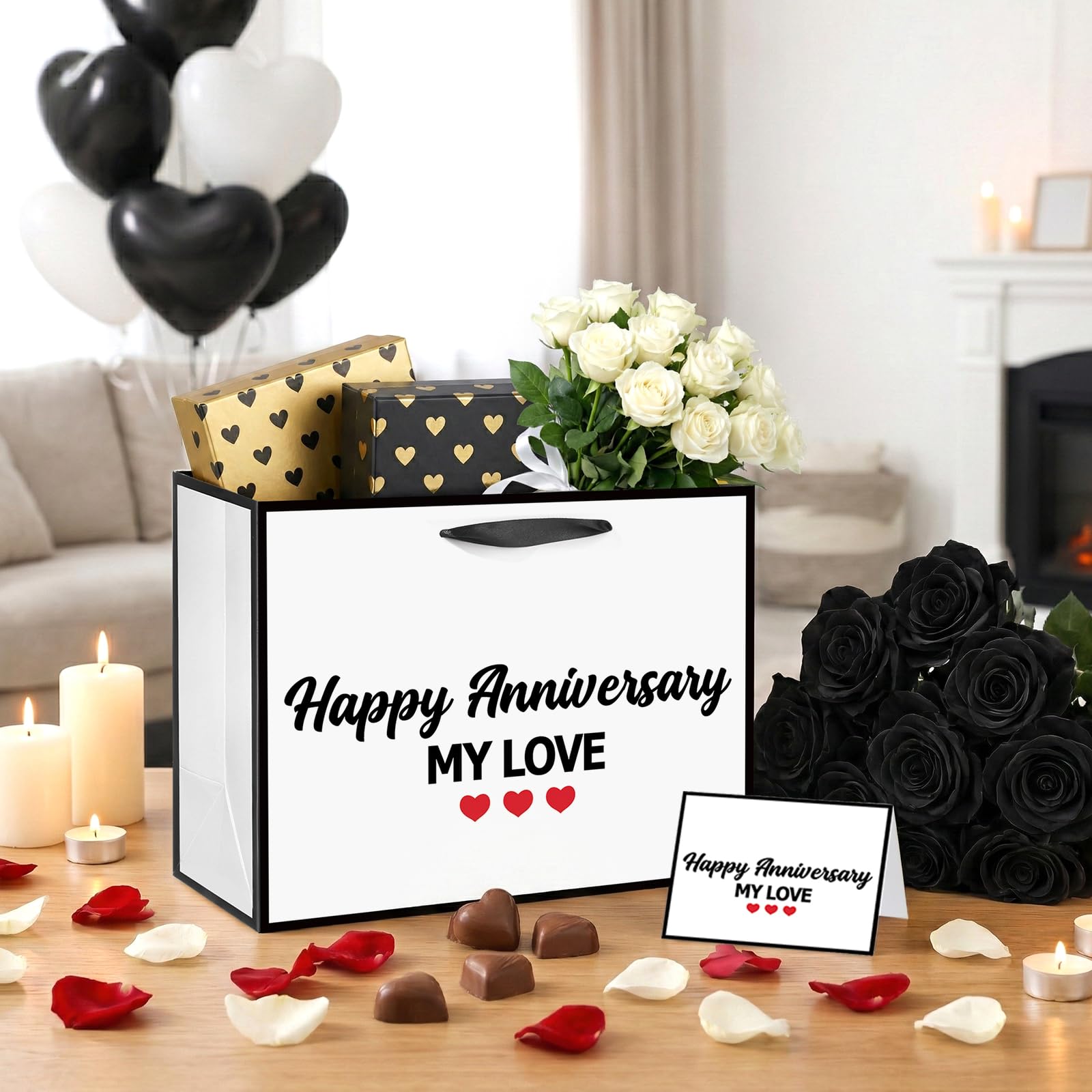 Happy Anniversary My Love Gift Bag Wedding Anniversary White Gift Bags with Wrapping Paper and Card Romantic Milestone Anniversary Celebration Party Favor Bag Decorations Goodie Supplies for Husband Wife Couples Him Her