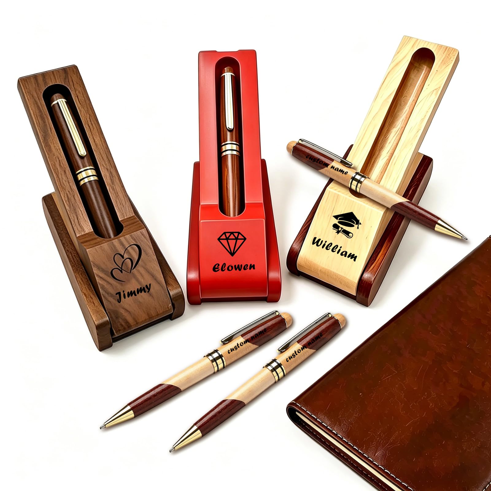 WBW Personalized Wooden BallPoint Pen with Name, Custom Handwritten Pen Gift for Men Women, Engraving Pens & Pen Holder Set for Graduation Birthday, Unique Bespoke for Family (personalized pen)
