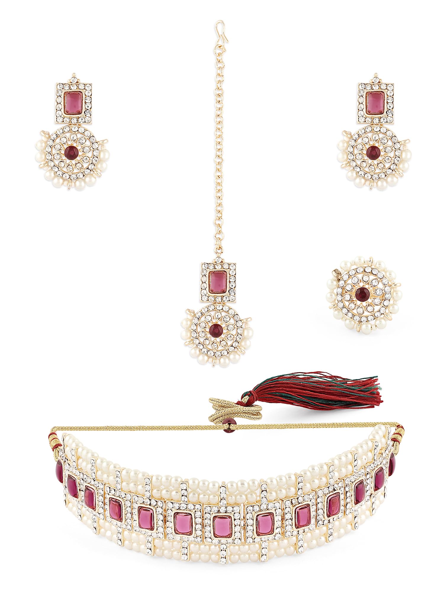 ZAVERI PEARLS Purple Stones Dazzling Austrian Diamonds Pearls Choker Necklace Earring Maangtikka & Ring Set For Women-ZPFK16132 (B0C4TTZ7T3) Amazon Price History, Amazon Price Tracker