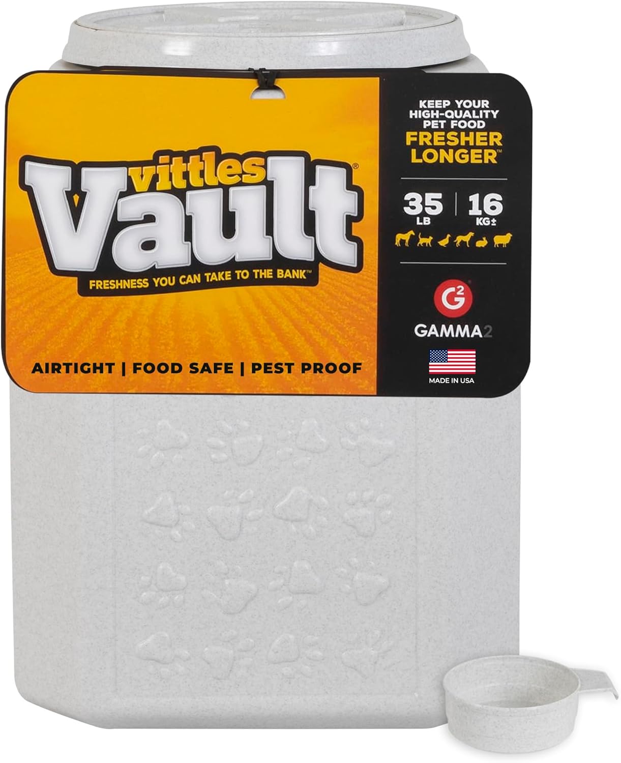 Vittles Vault Traditional Pet Food Storage Container For Dog Kibbles/Bird Seed/Oatmeal/Rice/Flour/Cereal, BPA Free Plastic, Sealed Airtight For Cat Food, Up To 35 lb, Made in USA, With Scoop, Gray