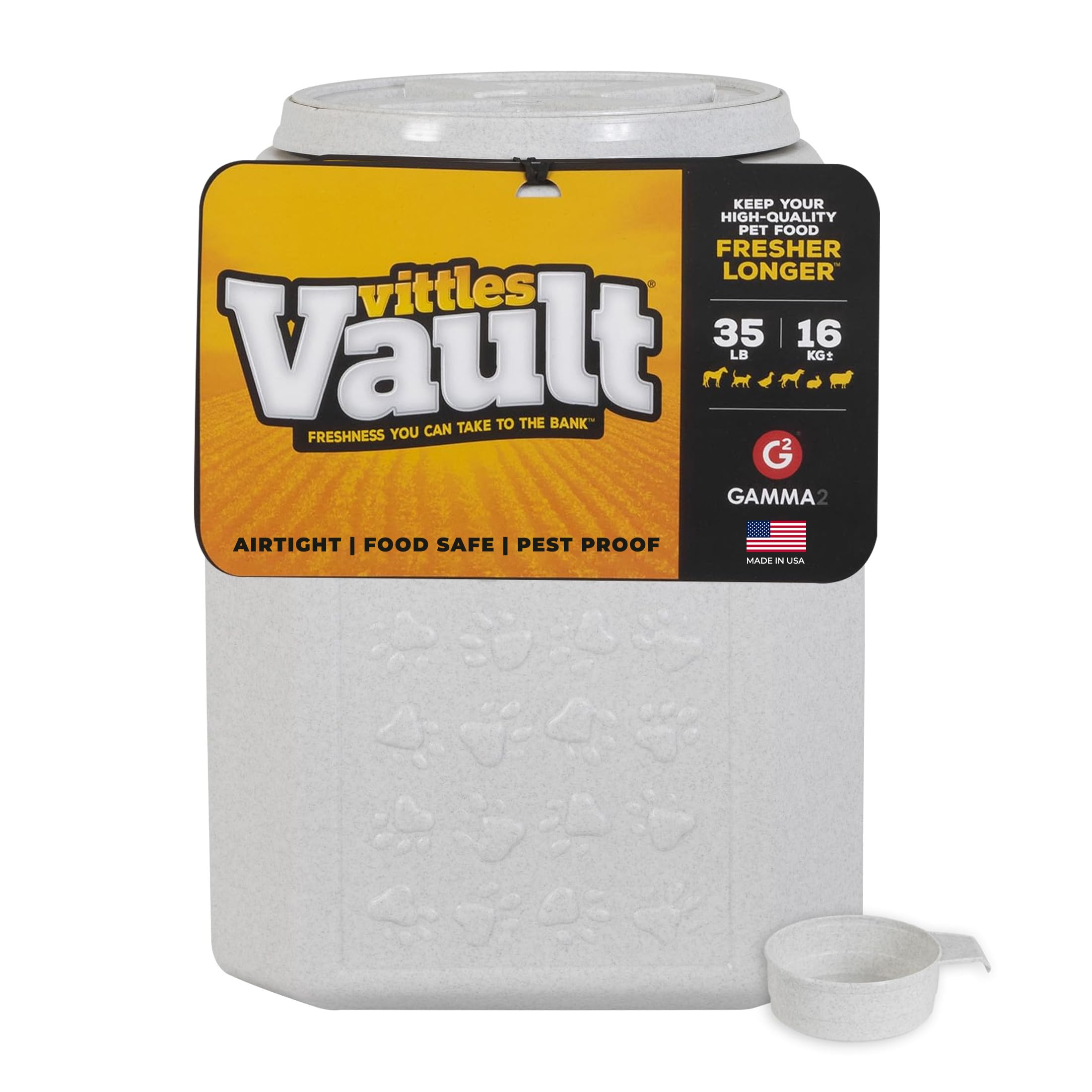 Vittles Vault Traditional Pet Food Storage Container For Dog Kibbles/Bird Seed/Oatmeal/Rice/Flour/Cereal, BPA Free Plastic, Sealed Airtight For Cat Food, Up To 35 lb, Made in USA, With Scoop, Gray