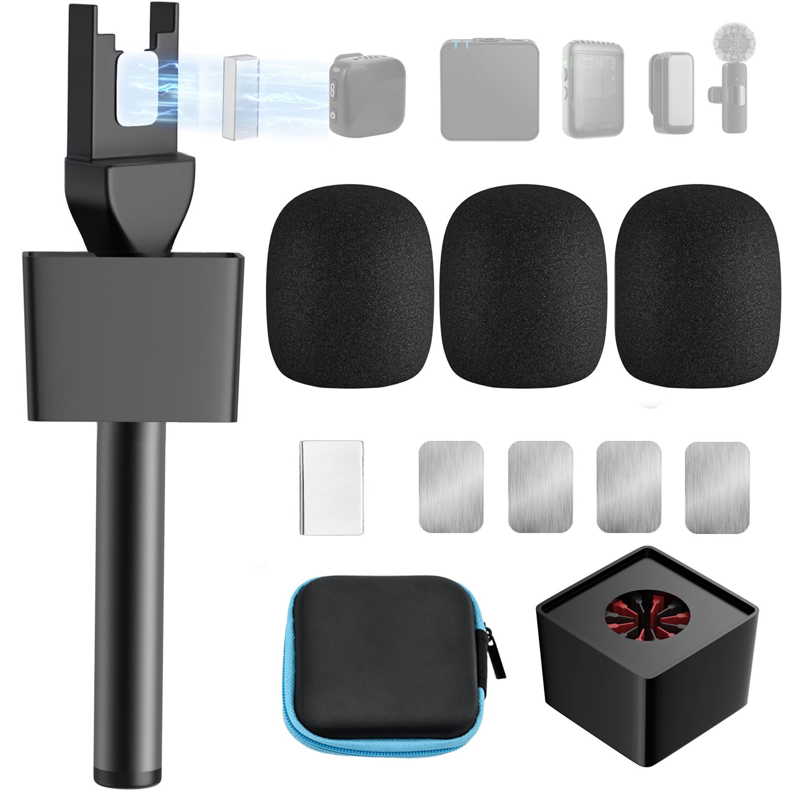 Mic Handle for DJI/DJI Mini, Microphone Holder for Rode Wireless GO/Hollyland Lark/Lavalier Mic, Universal Magnetic Mic Stand, Mic Holder with 3 Pop Filter for Vlogging, Interview, Podcast, Reports