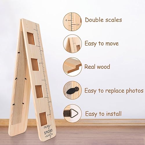 Miniatura 4 de Garybank Tabla de crecimiento de madera maciza para niños con marcos de fotos, regla de medición de altura, marcadores de hitos de regla de medición