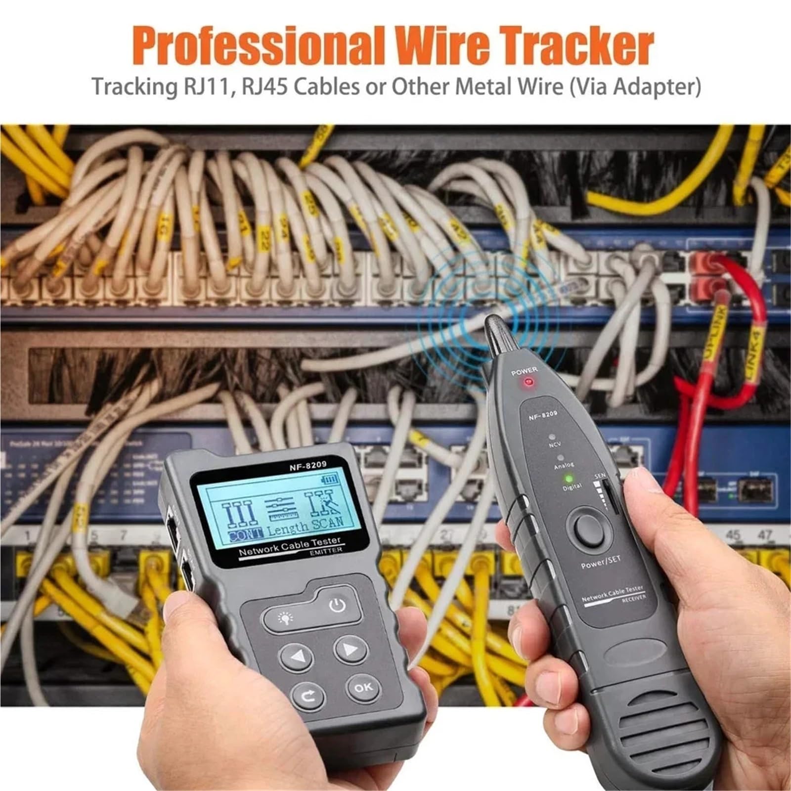 Tester Kabli Sieciowych, Lokalizator kabli sieciowych Cat5 Cat6 PoE Tester wykrywa napięcie Pomiar odległości uszkodzenia Tester kabli z NCV i lampą