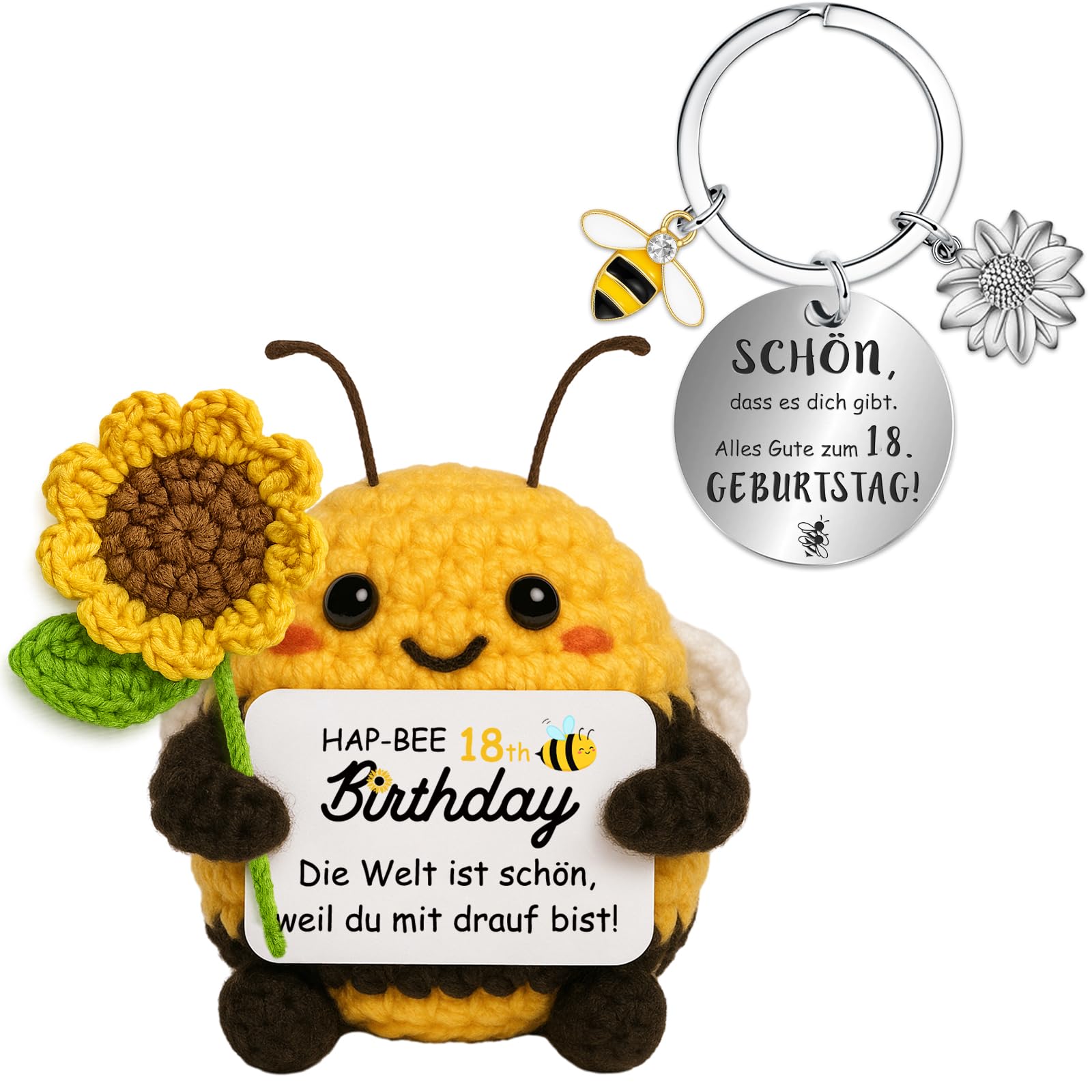 Farbeele Geschenke für Frauen & Männer, Handgehäkelte Sonnenblumen-Biene mit Glücksbringer Schlüsselanhänger, MutmacherGeschenk, Geburtstagsgeschenk für Freunde, Familie, Kollegen, Partner, Mama, Papa