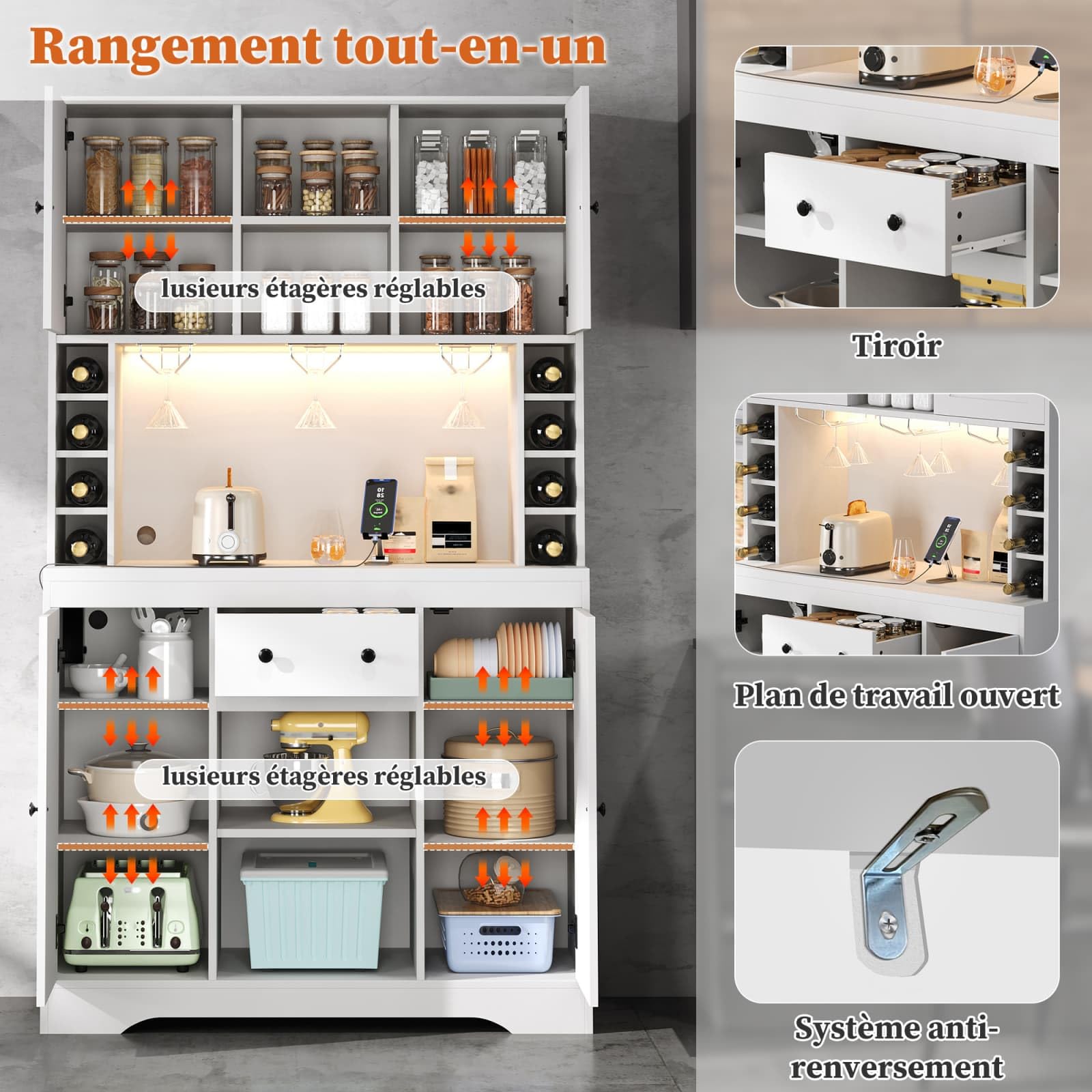 Sweiko Meuble de Cuisine avec Porte-Verres et Cave à Vin, Buffet Haute avec Prises et USB, Sideboard multifonctionnelle avec LED Intelligent, Plan de Travail