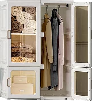 Amazon Mira Show 折り畳み式 ワードローブ おしゃれ 組み立て簡単 幅69cm 奥行50cm 高さ104cm クローゼット 衣装ケース 収納ボックス 収納ケース 収納棚 クローゼットワードローブ 引き戸 扉付き 押入れ収納 衣類収納 小物衣類収納 洋服掛け 6格4扉1吊り下げ Ra Zk