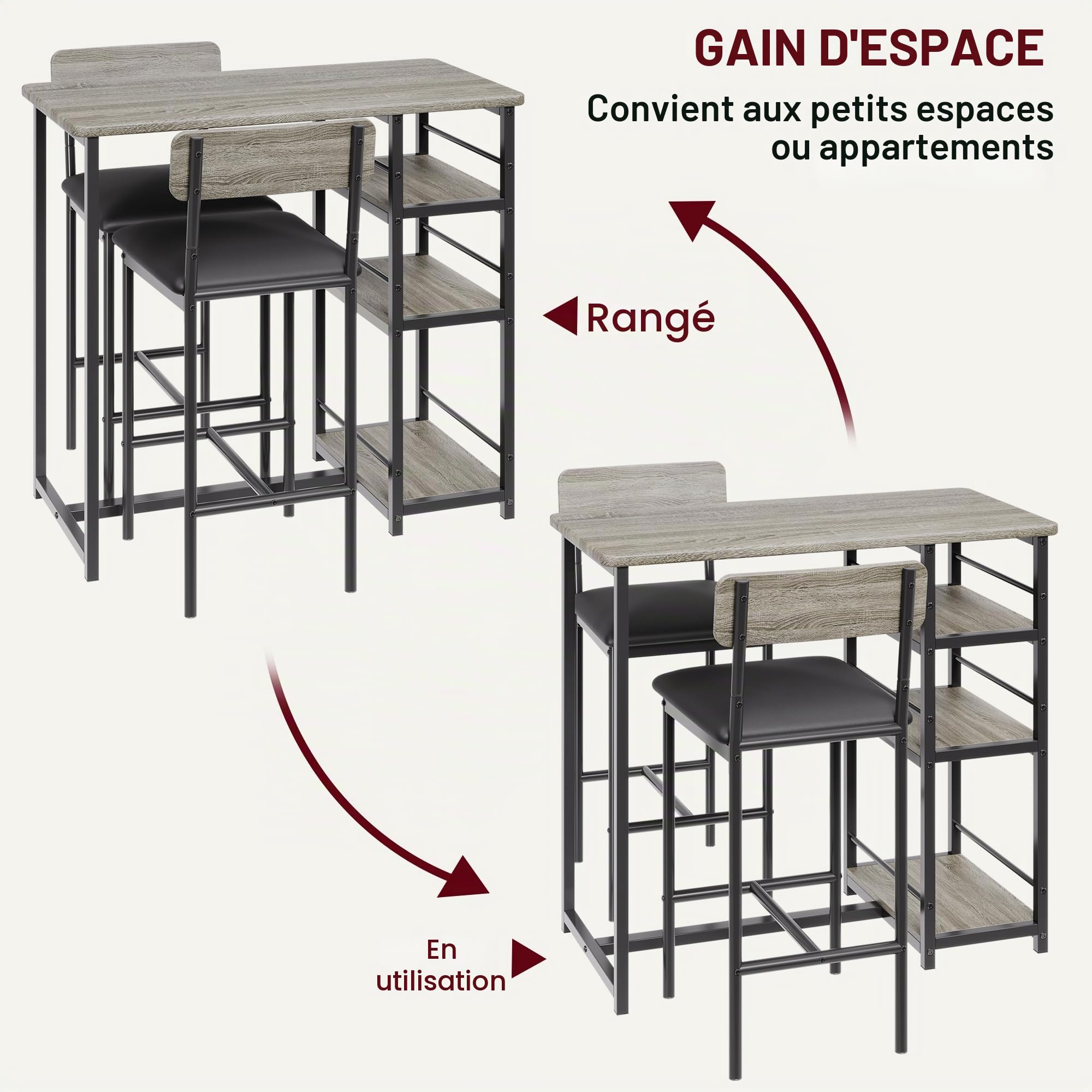 Table Bar Cuisine avec 2 Chaises Rembourré, Table de Bar Bois avec 3 étagères, Ensembles de Salle à Manger pour Cuisine,Petit Espace et Appartement (Gris)