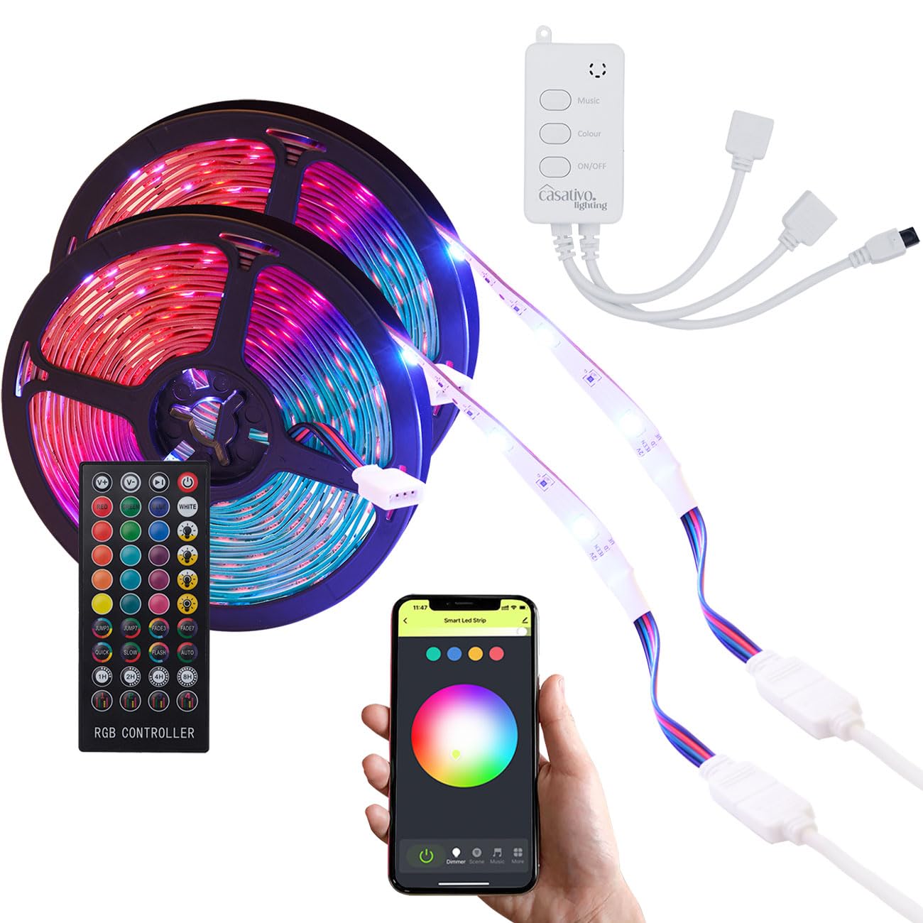LED Streifen, WLAN, RGB, 10m, 300 LEDs, 16 Mio Farben, Fernbedienung, App-, Sprach- u. Musik-Steuerung, komp. zu Google, Siri, Alexa, Tuya