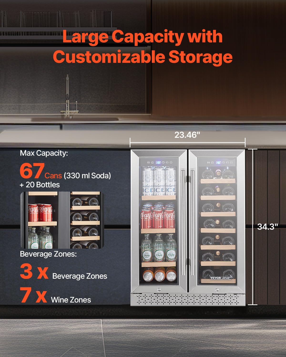 VEVOR Wine And Beverage Refrigerator, 24 In Dual Zone Wine Cooler, Built-In & Freestanding Fridge With Glass Doors, Adjustable Shelves, Digital Temperature Control, 64 Cans And 20 Bottles Capacity on Fridge.com - View 2