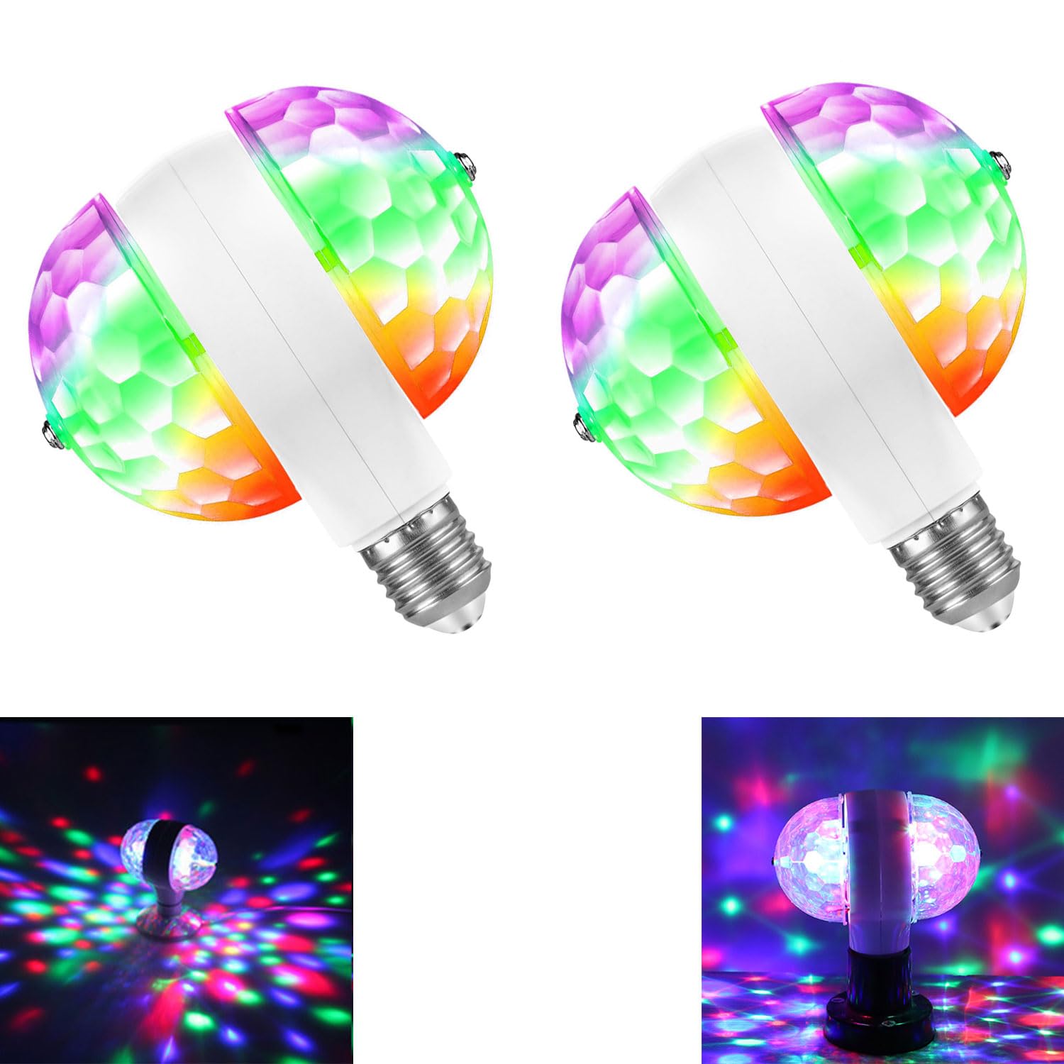 Disco Lights Colorful Rotating Magic Ball Lights, AC85-265V E26/E27 RGB LED Stage DJ Light Multi-Colored Fun Lamp for Dance Parties Birthday Karaoke Halloween Christmas (2 Pack)