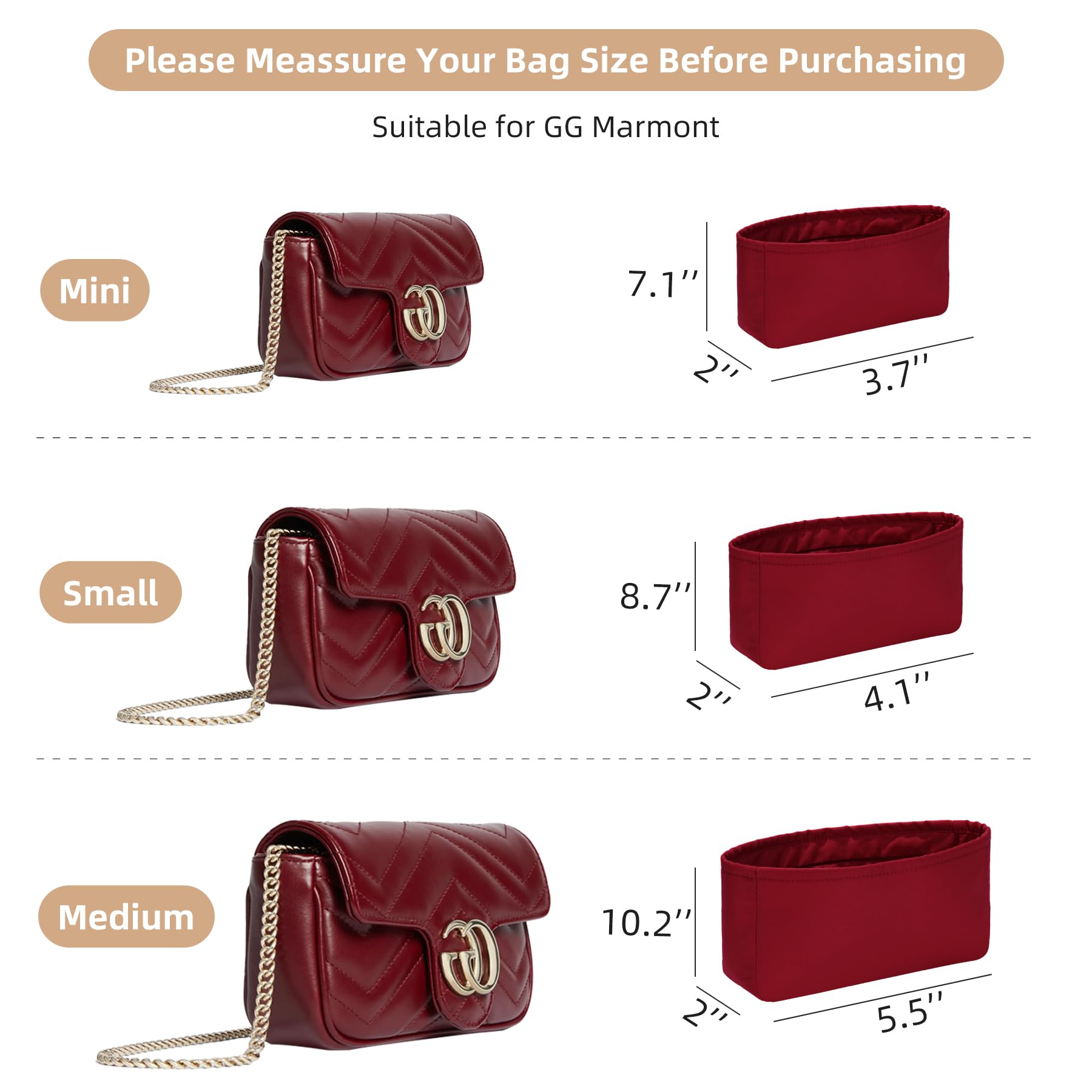 Bag Organizer Insert for GG Marmont Matelasse Shoulder Bag, Nylon Liner with Zipper Pocket, Shape-Keeping Purse Organizer,Fit Mini/Small/Medium (22cm/26cm/31cm)