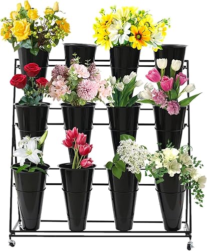Soporte de exhibición de flores con ruedas, soporte para plantas de hierro para interiores y exteriores, 3 capas de 12 barriles, soporte