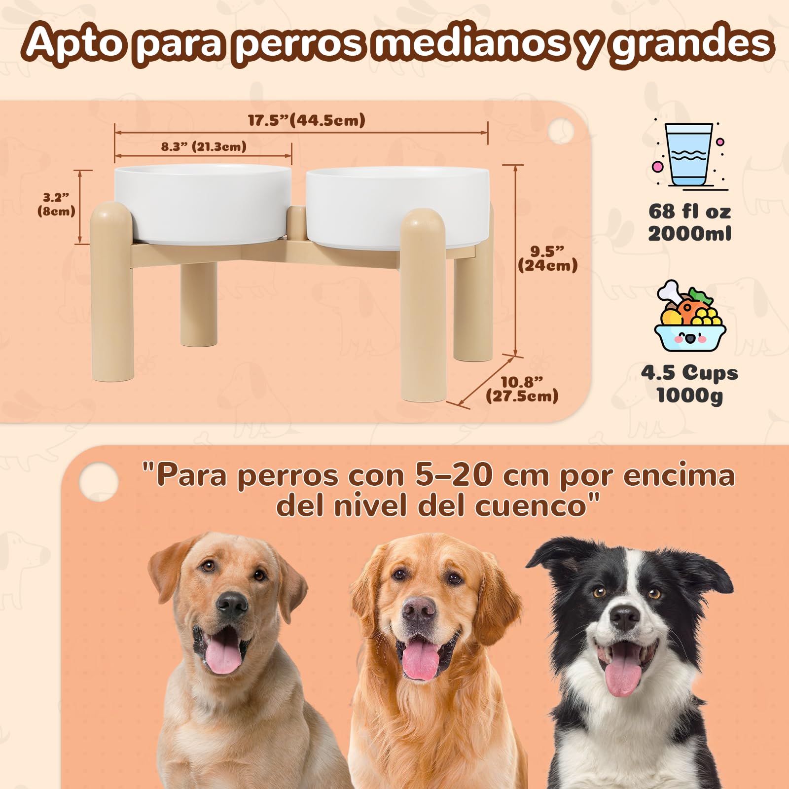 Comedero Elevado para Perro de Cerámica - Cuencos Doble con Soporte Antideslizante - para Agua y Comida - Apto para Perros Medianos y Grandes - 2 x 2000 ml - Verde