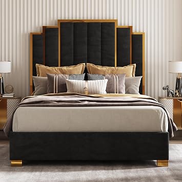 AMERLIFE Queen Size Upholstered Bed, Modern Velvet Bed Frame with 61.4 Tall Gold Trim Headboard, No Box Spring Needed, Black