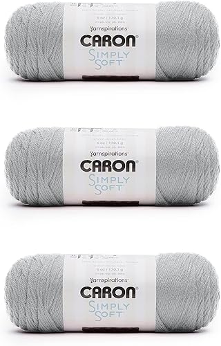 Caron Simply Soft - Ovillo de estambre, 3 unidades de 6 onzas (170 g), acrílico, calibre 4 (mediano), tejido, ganchillo y manualidades, color gris