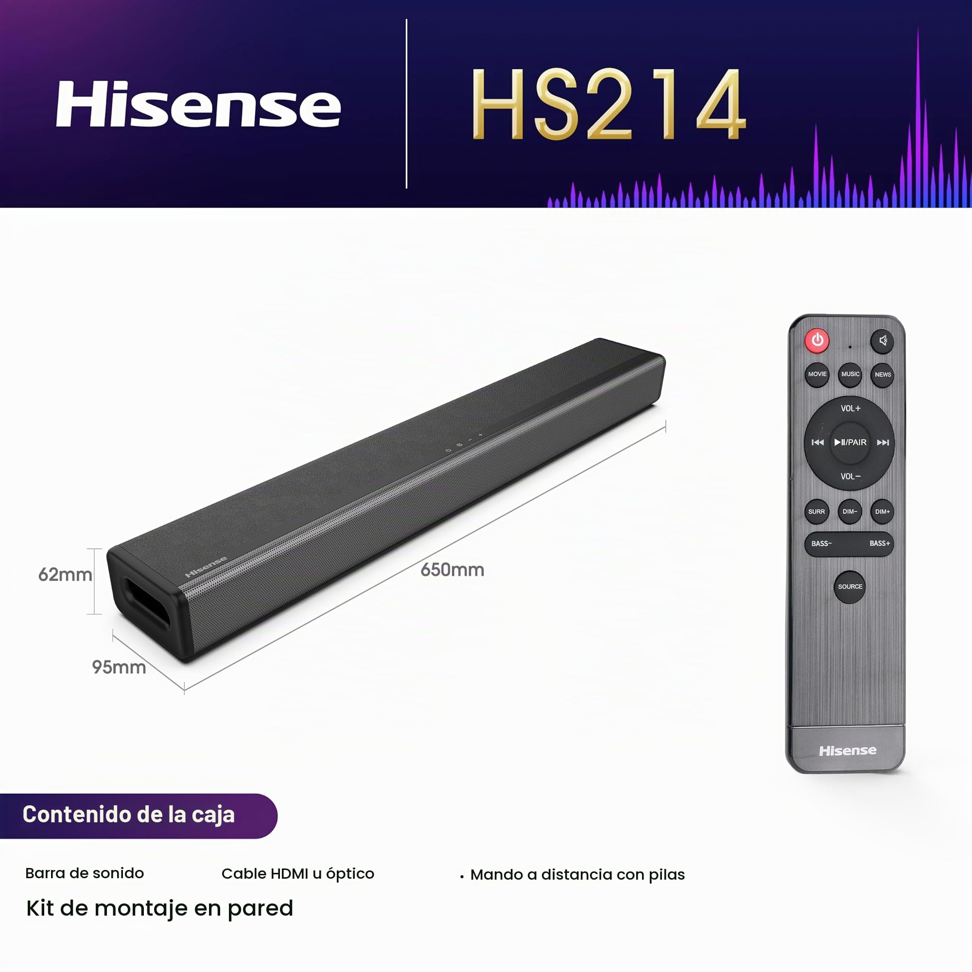 Hisense HS214 Barra de sonido de 2.1 canales, Con Subwoofer integrado, 108 W, Diseño Compacto todo en uno con Bluetooth, DolbyTV, HDMI ARC/Optical/AUX/ Audio, Roku USB, 3 modos EQ, Multicolo