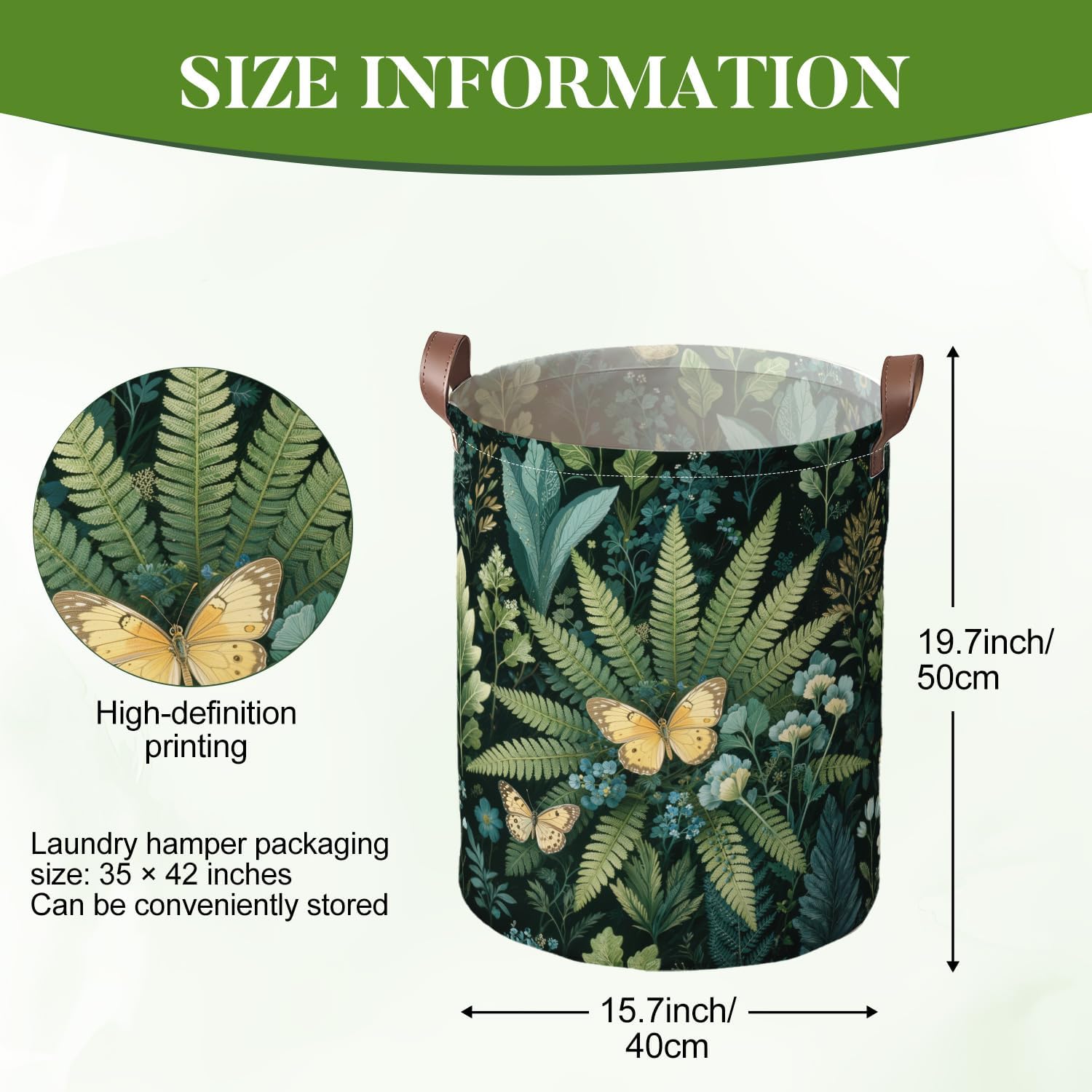 Botanical Forest Butterfly Pattern Laundry Basket Oxford Fabric 15.75 x 19.7 Inch Decorative Clothes Hamper Nature Theme Storage Bin for Bedroom Bathroom Dorm Room and Cottage Style Home Organization