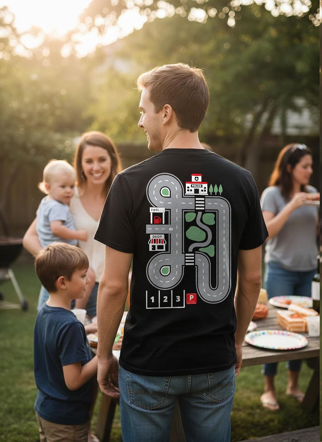 Tstars Playmat Car Track Shirt for Dad Gifts for Dads Fathers Day Play Cars Roads on Back Mens T-Shirt