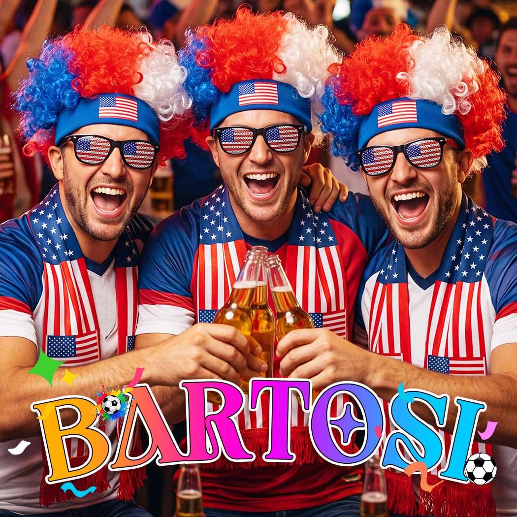 BARTOSI Soccer Fan Costume USA Patriotic Accessories Red White Blue Wig Scarf Glasses Set Football Game Day Supplies Favors for Men Women