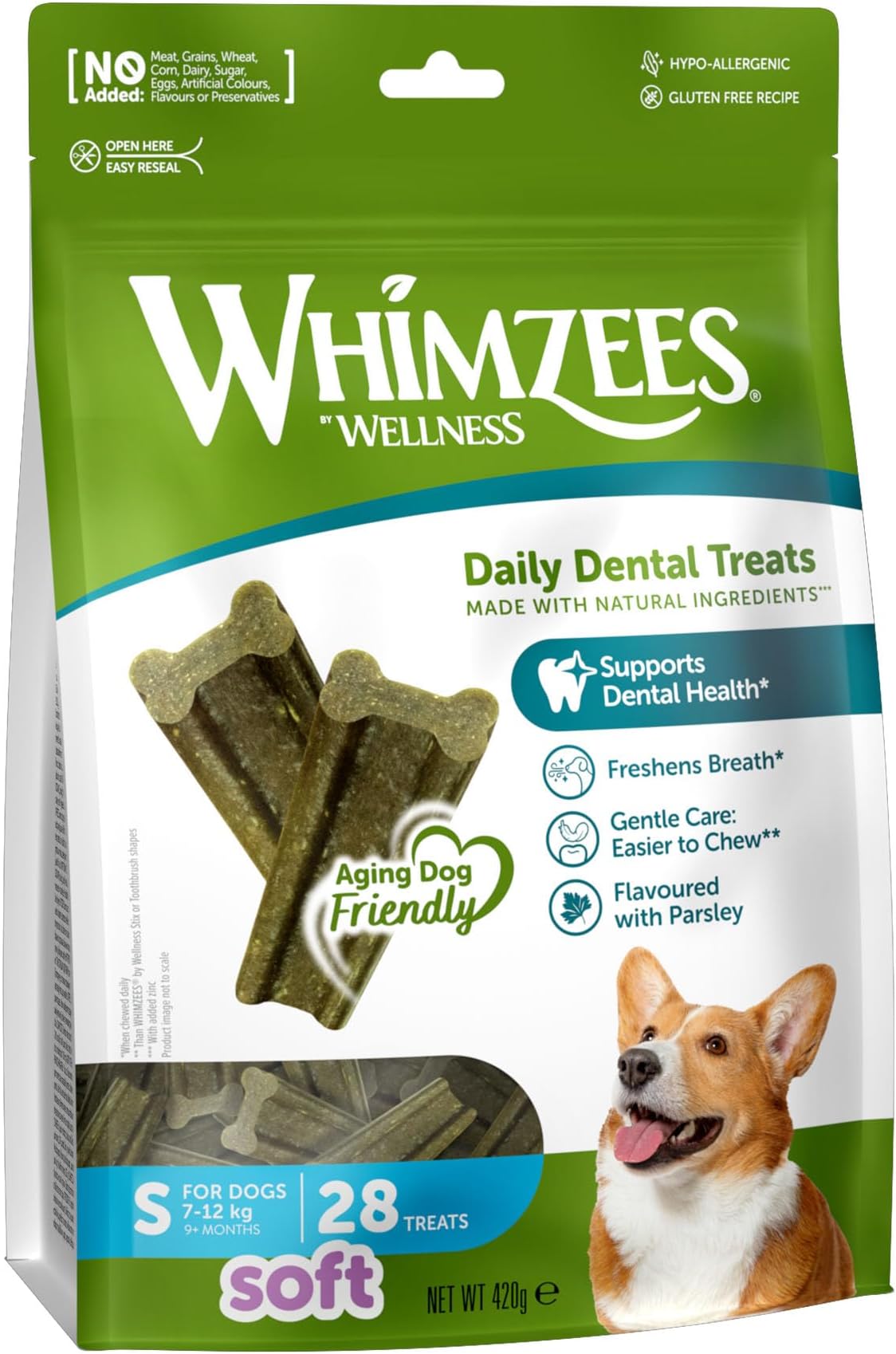 WHIMZEES, Small Size 28 Pieces Small Dog Chew Sticks Dental Hygiene Chew Sticks for Small Dogs for Gentle Chewing, Suitable for Aging, Natural, Parsley Flavoured Dogs