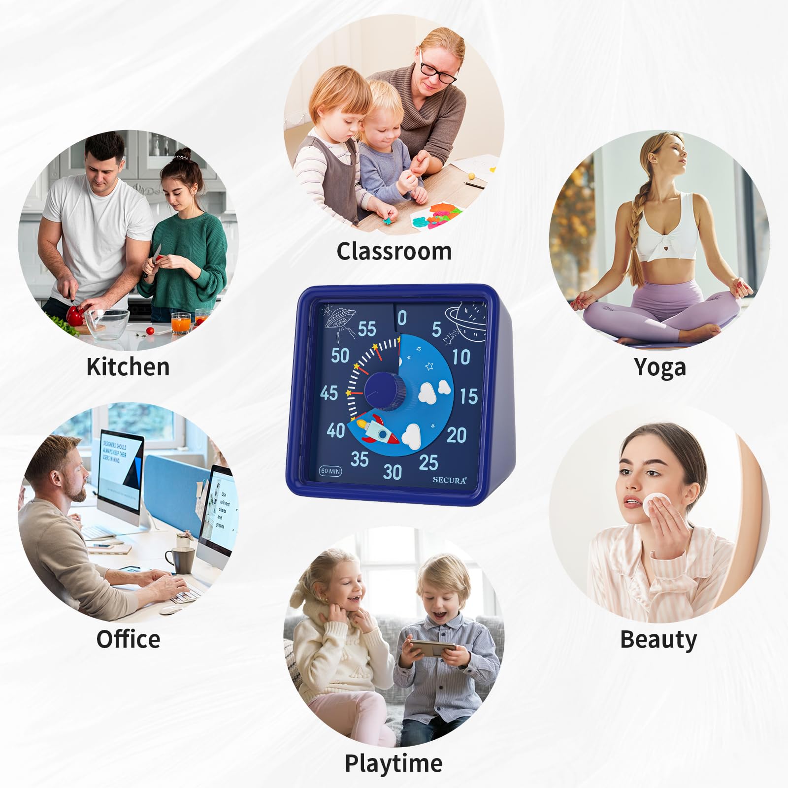 Secura 60-Minute Visual Countdown Timer for Kids & Office, Silent Time Management Tool (Navy Blue), Navy Blue & Navy Blue - Image 4