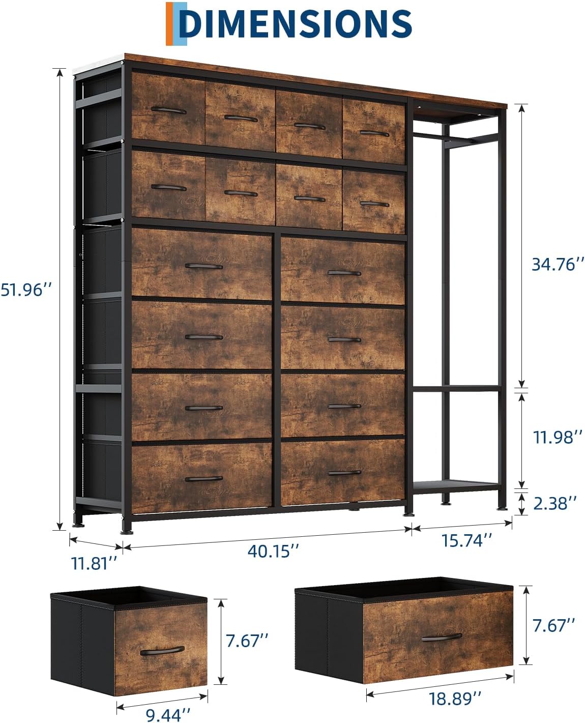 16 Drawers Dresser with Clothes Rack, Tall Fabric Dresser for Bedroom, Fabric Storage Tower Drawers Organizer Unit (Brown)