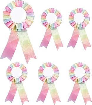 6 PCS Blank Prize Rosettes Decorations, Rainbow Satin Award Ribbons Rosette, Honorable Recognition Victory Rosettes, Tinplate Badge Pin Ribbon, Winner Rosettes for Competition Kids Party