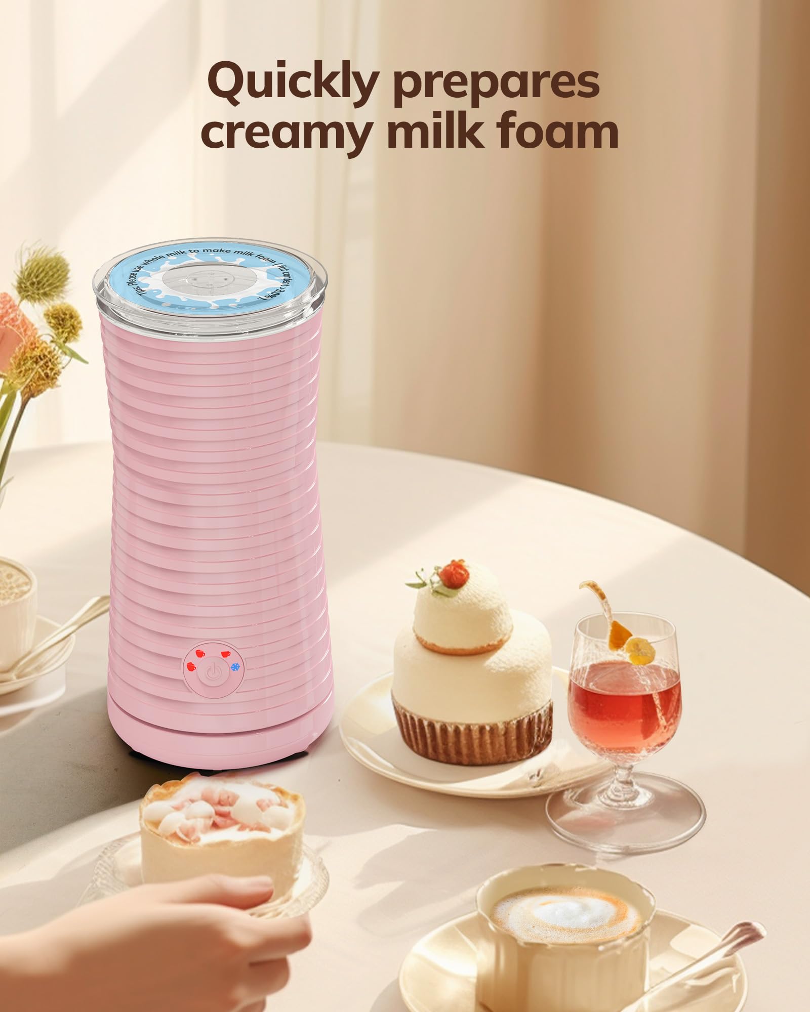 Espumador de Leche Eléctrico​4 en 1, Morpilot ​​Calentador de Leche​​ para Espuma Fría/Caliente, Ideal para Cappuccino, Latte y Leche Caliente, 240ml, Rosa