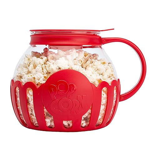Ecolution Patented Micro-Pop Microwave Popcorn Popper with Temperature Safe Glass, 3-in-1 Lid Measures Kernels and Melts Butter, Made Without BPA, Dishwasher Safe, 3-Quart, Red - 3-Quart Family Size - Red