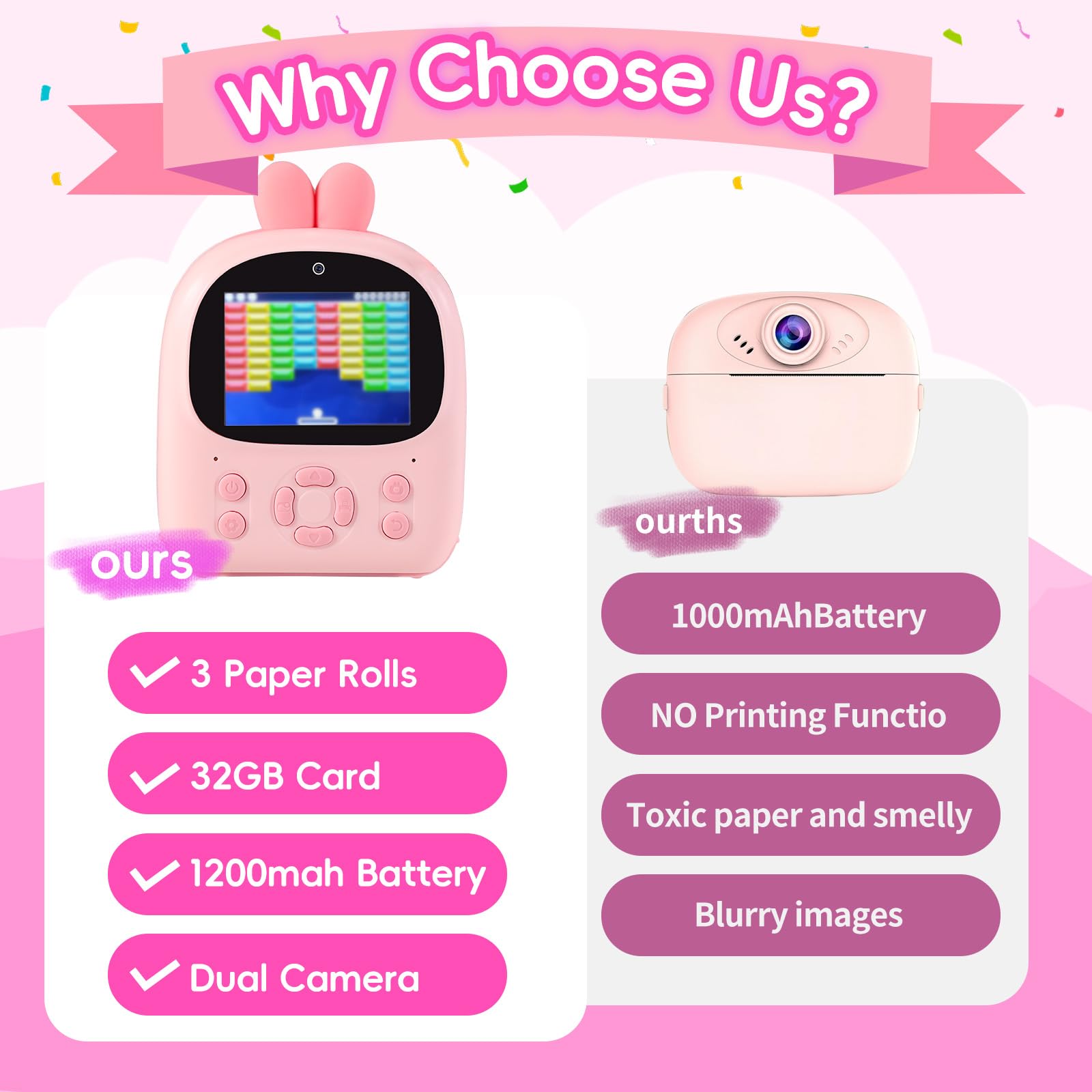 Appareil photo à impression instantanée pour enfants, caméras vidéo numériques HD 1080p avec papier d'impression 3 et carte de 32 Go, cadeau d'anniversaire pour filles et garçons âgés de 3 à 12 ans