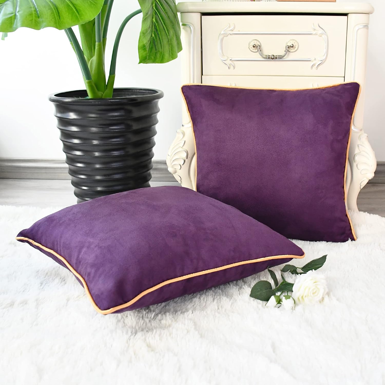 CaliTime Throw Pillow Covers Pack of 2 Super Soft Faux Suede Gold Piping Edge Accent Cushion Cases for Couch Bed Sofa Farmhouse Decorative 20 X 20 Inches Purple