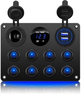 8 Gang Rocker Switch Panel 12V Waterproof Toggle Switch Panel Led Aluminum Digital Voltmeter Display 4.2A Dual USB Charger Port DC 12 & 24 Volt Socket for RV Car Vehicles Truck Boat Marine