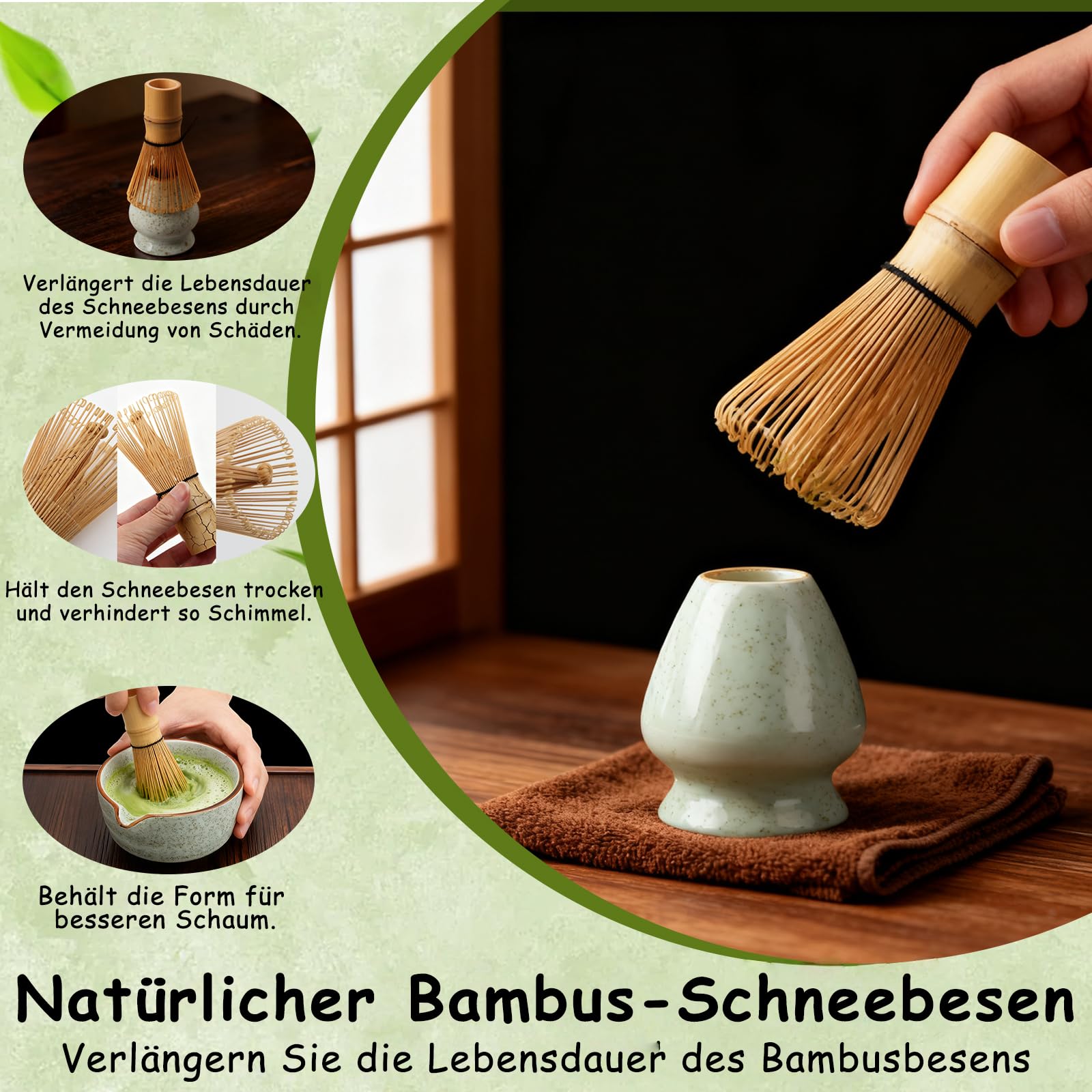 WERTIOO Matcha Set 8 Stück mit Handbuch - Matcha Tee Set, inkl. Keramik Matcha Schale, Schneebesenständer, Matcha besen, Matcha Sieb, Bambuslöffel, Perfektes Teegeschenk für Matcha Liebhaber (Grün)