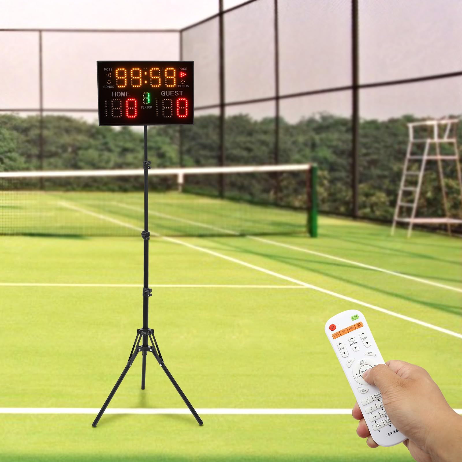 Tabellone segnapunti elettronico portatile da basket con treppiede, spia luminosa e telecomando, per basket, ping pong, pallavolo, attività badminton