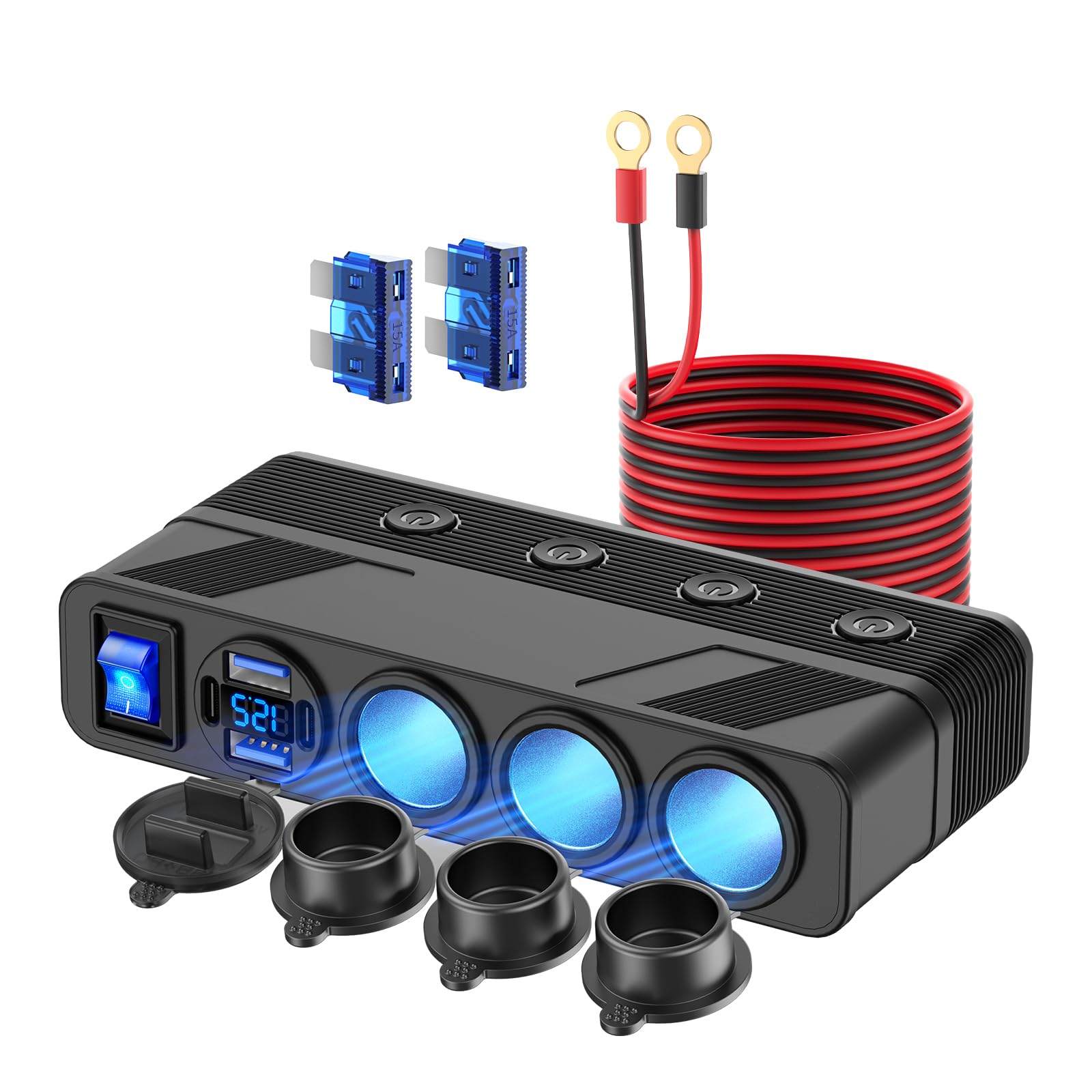 12V Cigarette Lighter Splitter with 10FT/3M Cable, 180W Car Charger Socket Multi 4 USB Port Adapter with LED Display Master and Independent Switch, 12 Volt Power Outlet Plug with Eyelet Terminal - 1