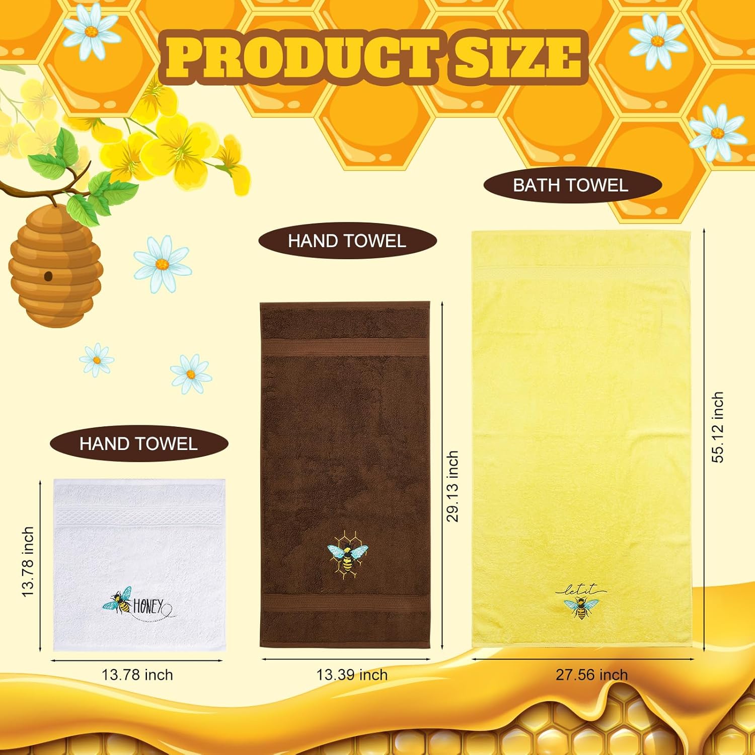 Peryiter 3 Pack Bee Bath Towels Set -Cotton Embroidered Bee Farmhouse 1 Bath Towel 1 Hand Towel 1 Washcloth for Bathroom Kitchen Decorations Country Accessories Housewarming Gifts