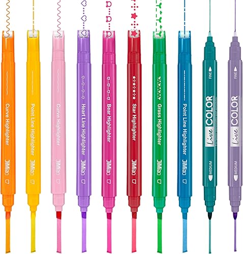 HULIPARK El juego de 10 marcadores de curvas de colores incluye 2 marcadores, bolígrafos curvos de doble punta con 8 formas y 10 líneas de colores,