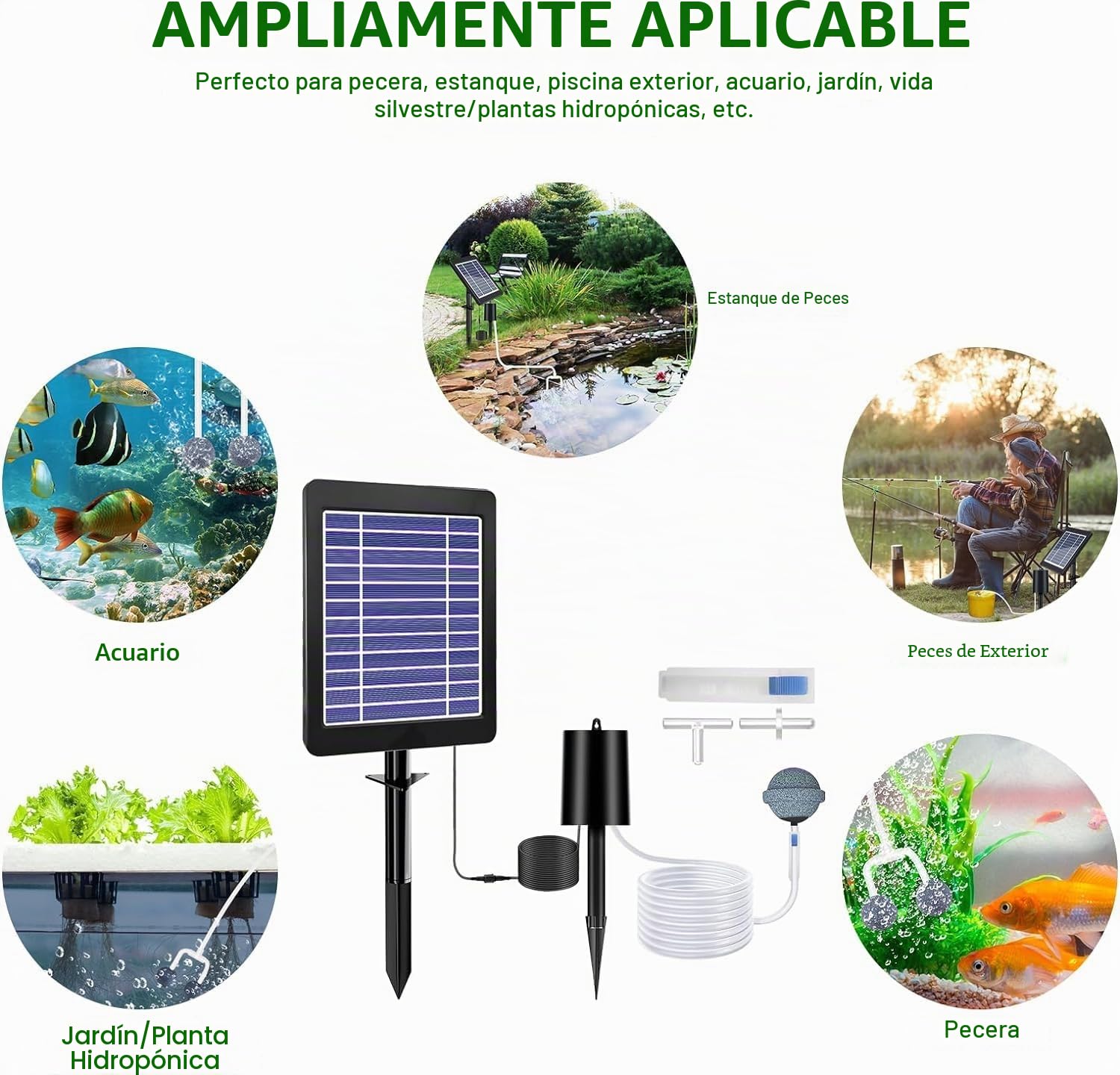 Aireador Solar para Estanques Con Bomba de Aire, 3 Modos (18H/36H/72H), 4 W y 2200 mAh, Regulador de Burbujas para Uso Al Aire Libre
