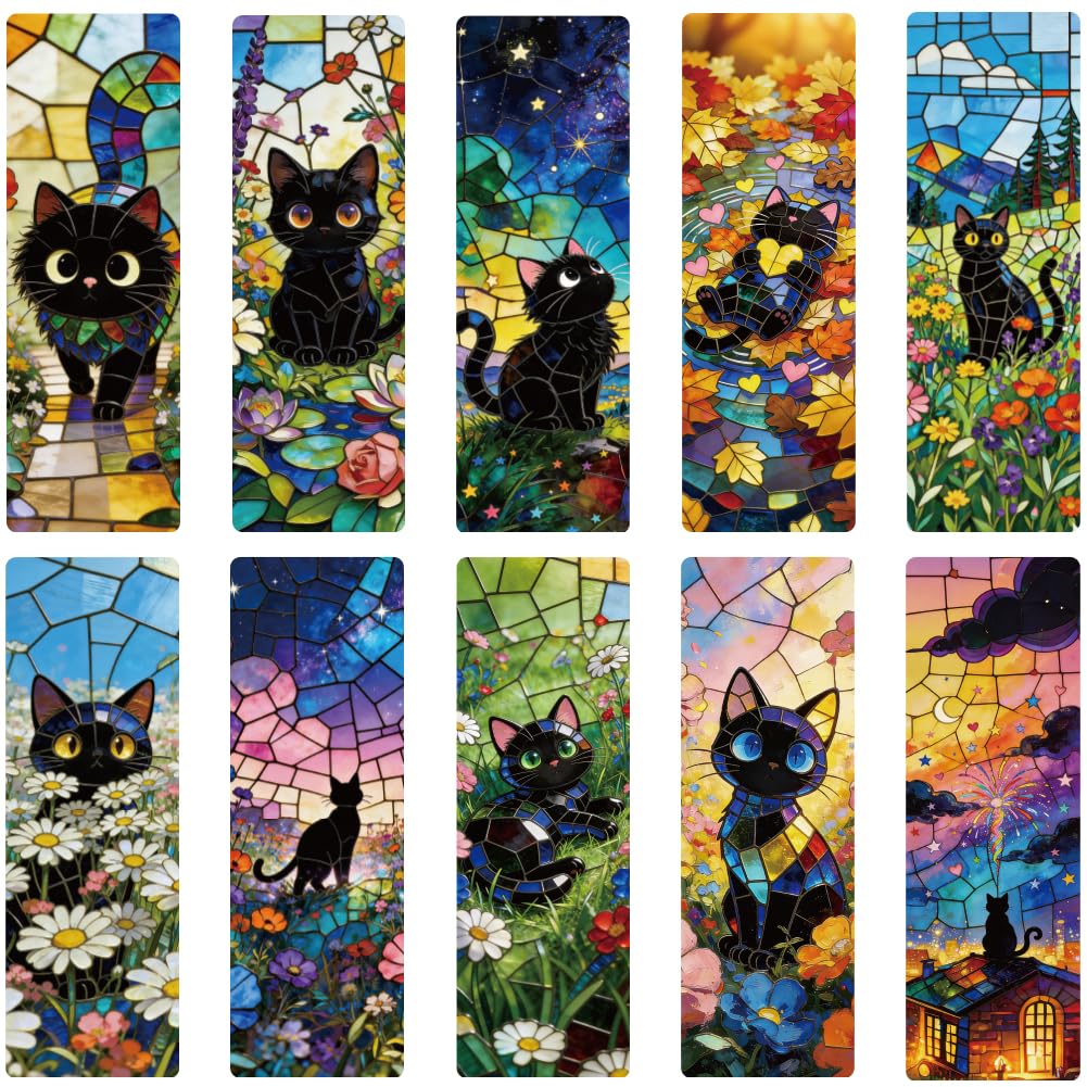 PRESSINART 10Pcs 10 Styles Fantasy Cat Bookmark 5.9 x 2 Inch Stain Glass Bookmark Black Cat Cute Acrylic Rectangle Transparent PVC Book Marks Gifts for Men Women Reading Lovers Journal Accessories โ image 1