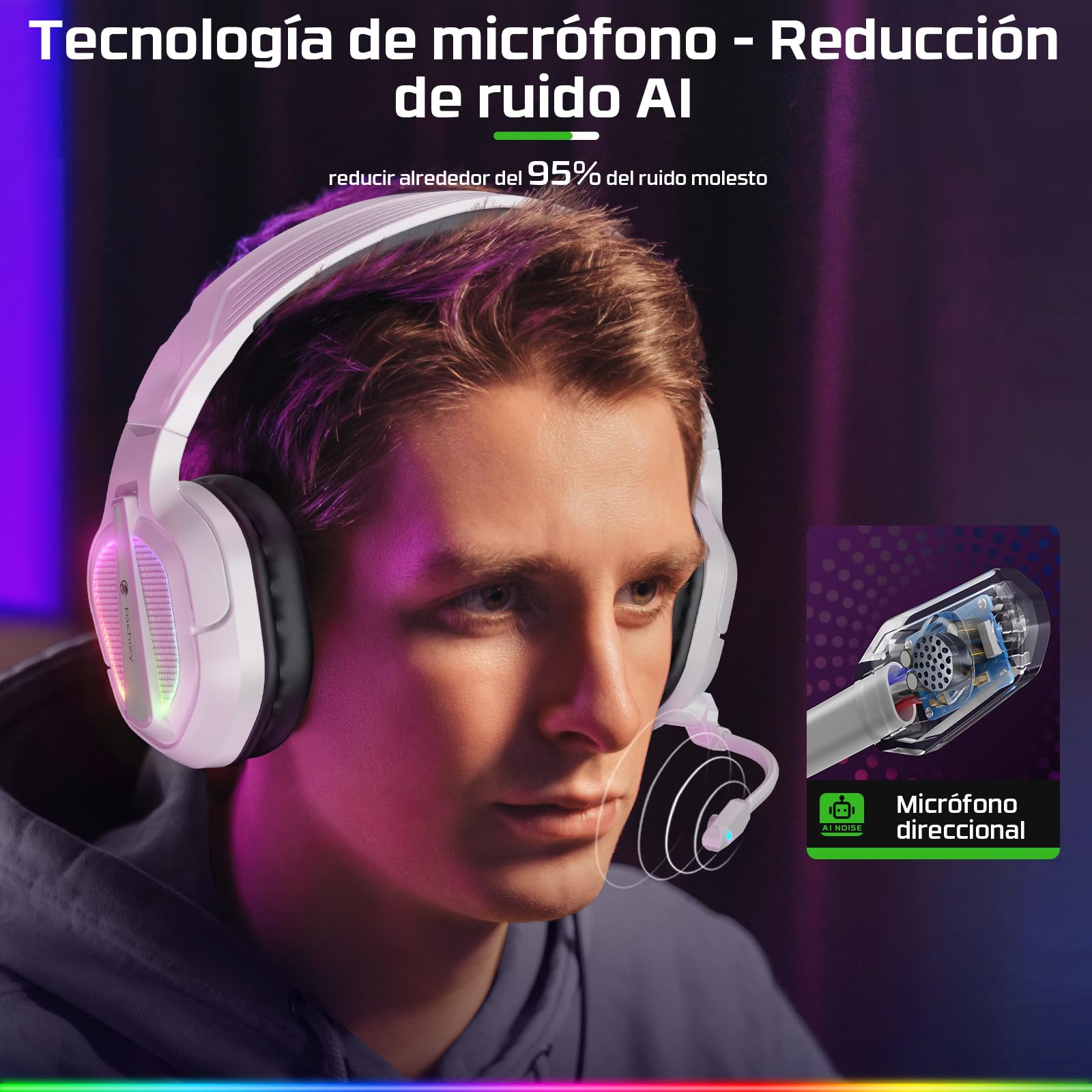 Fachixy FC200 Cascos Gaming para PS5, PS4, PC, Xbox One, Switch, Auriculares Gaming Cancelación de Ruido, Cascos con Microfono Estéreo Sonido, Cascos para PS5 con 3.5mm Jack con Luz RGB (Blanco)