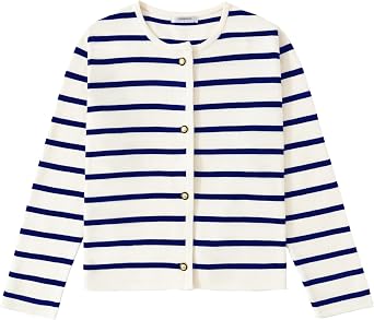 Womens Striped Cardigan Sweater Trendy Long Sleeve Button Down Crewneck Knit Cardigans