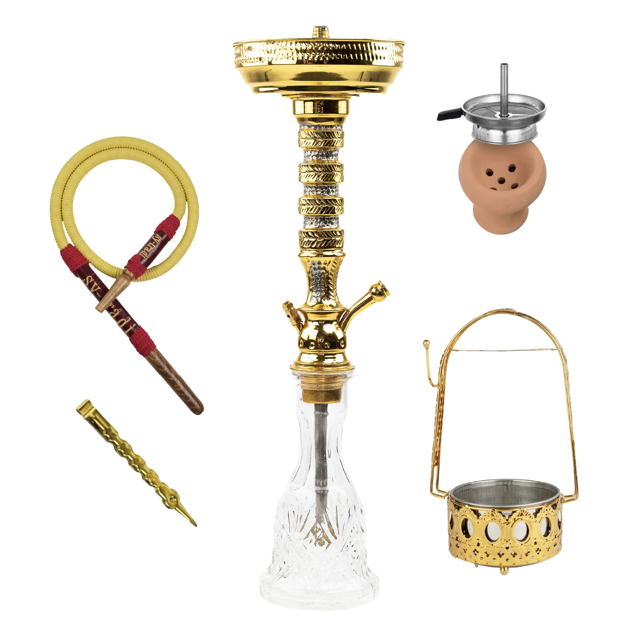 Shisha Tradicional 60 cm con Cabeza de Terracota, Gestor de Calor, Pinza y Porta Carbón Dorado | Cachimba Artesanal con Tubo de Cuero y Cámara Cerrada