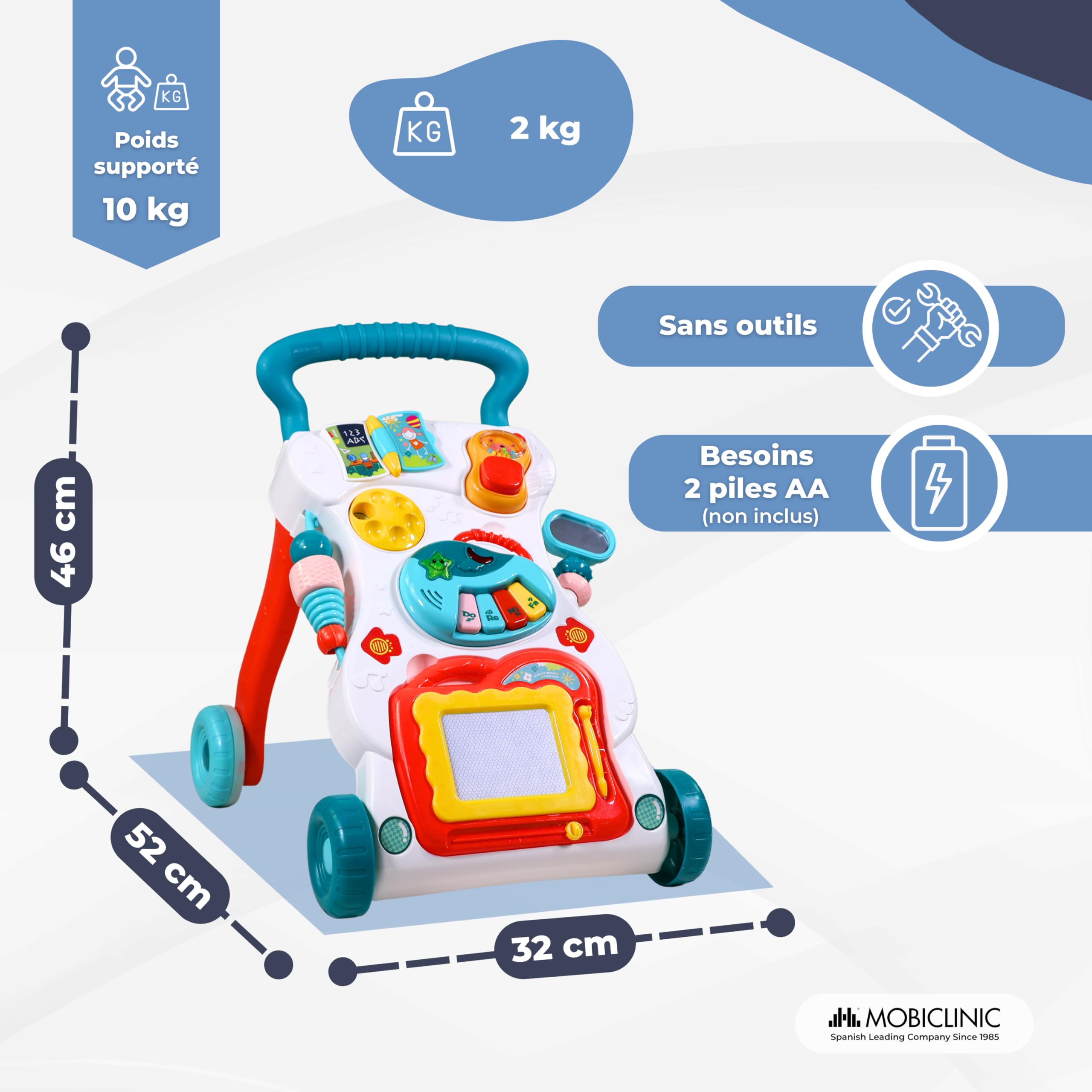 Mobiclinic®, Chariot de Marche Bébé, Avec Musique et Lumières, Vitesse Réglable, Jouets Amovibles, Master, + 6 mois, Centre d'activités Éducatives, Stable et Sûr, Multicolore