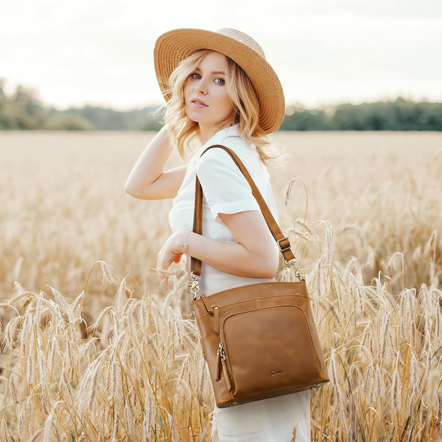 S-ZONE Crossbody Bags Purses for Women Trendy Genuine Leather Four Zipper Pockets Shoulder Handbags - Image 3