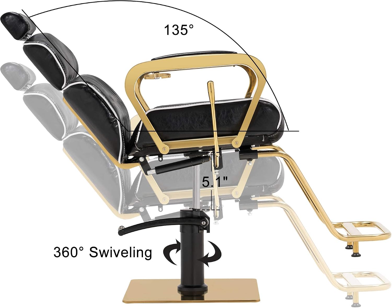 BarberPub Vintage Barber Chair Metal Hydraulic Recline Beauty Spa Salon Styling Equipment 3078 (Gold)