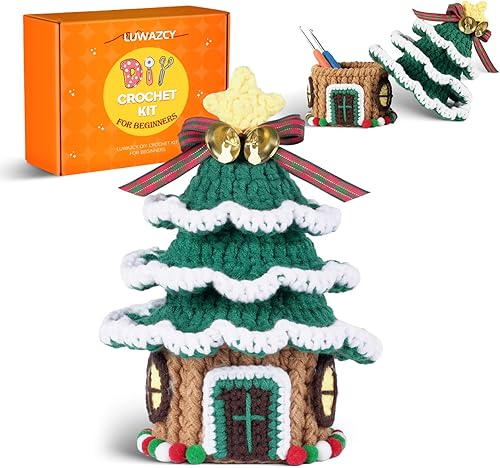 LUWAZCY Kit de ganchillo de Navidad para principiantes, kits de inicio de ganchillo con tutoriales en video paso a paso, kit de ganchillo para