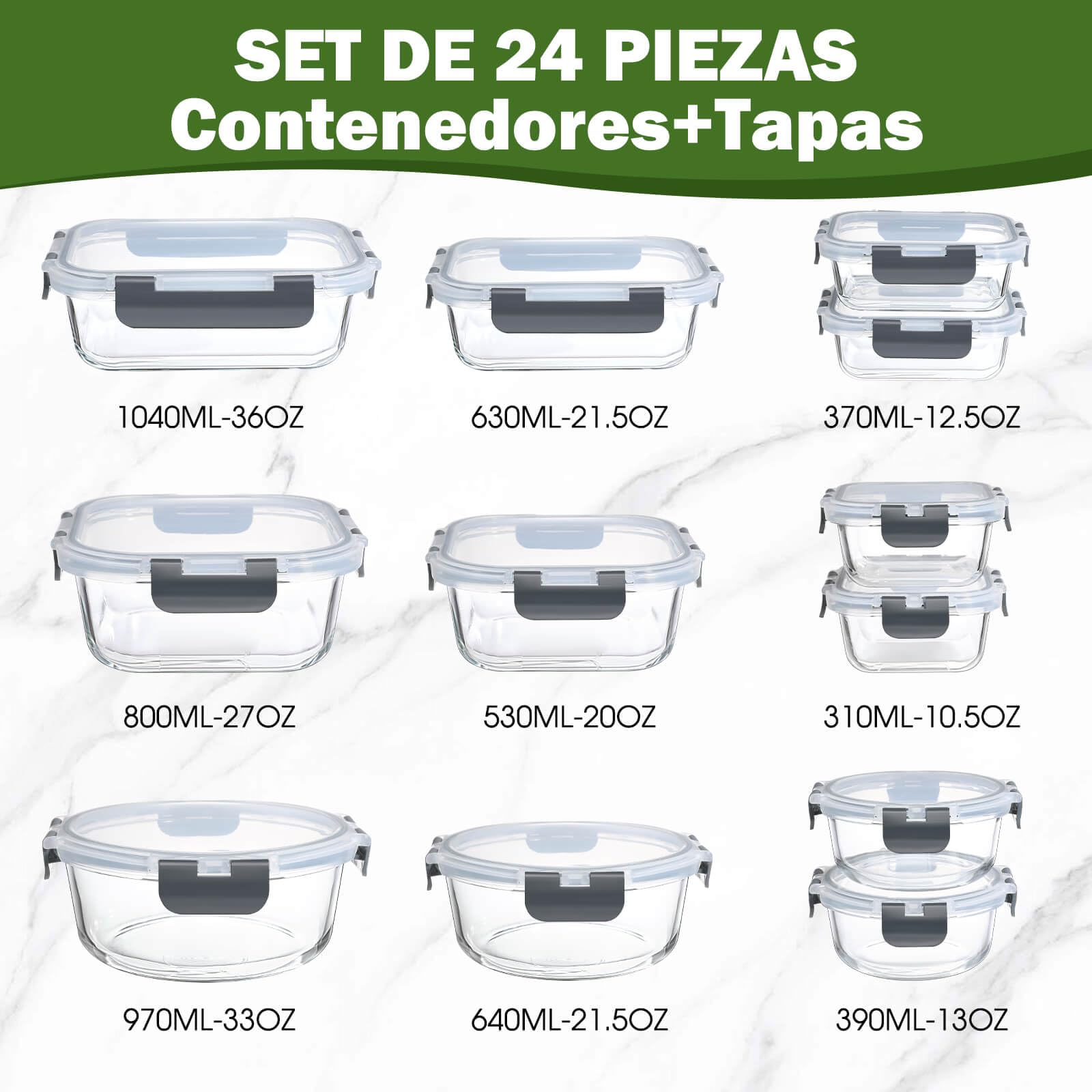 YASHE 12 Piezas Recipientes de Vidrio con Tapas Herméticas, Reutilizables, Apto para Microondas, Horno, Congelador y Lavavajillas - Sin BPA Fiambrera Cristal, Ideal para Conservación de Alimentos