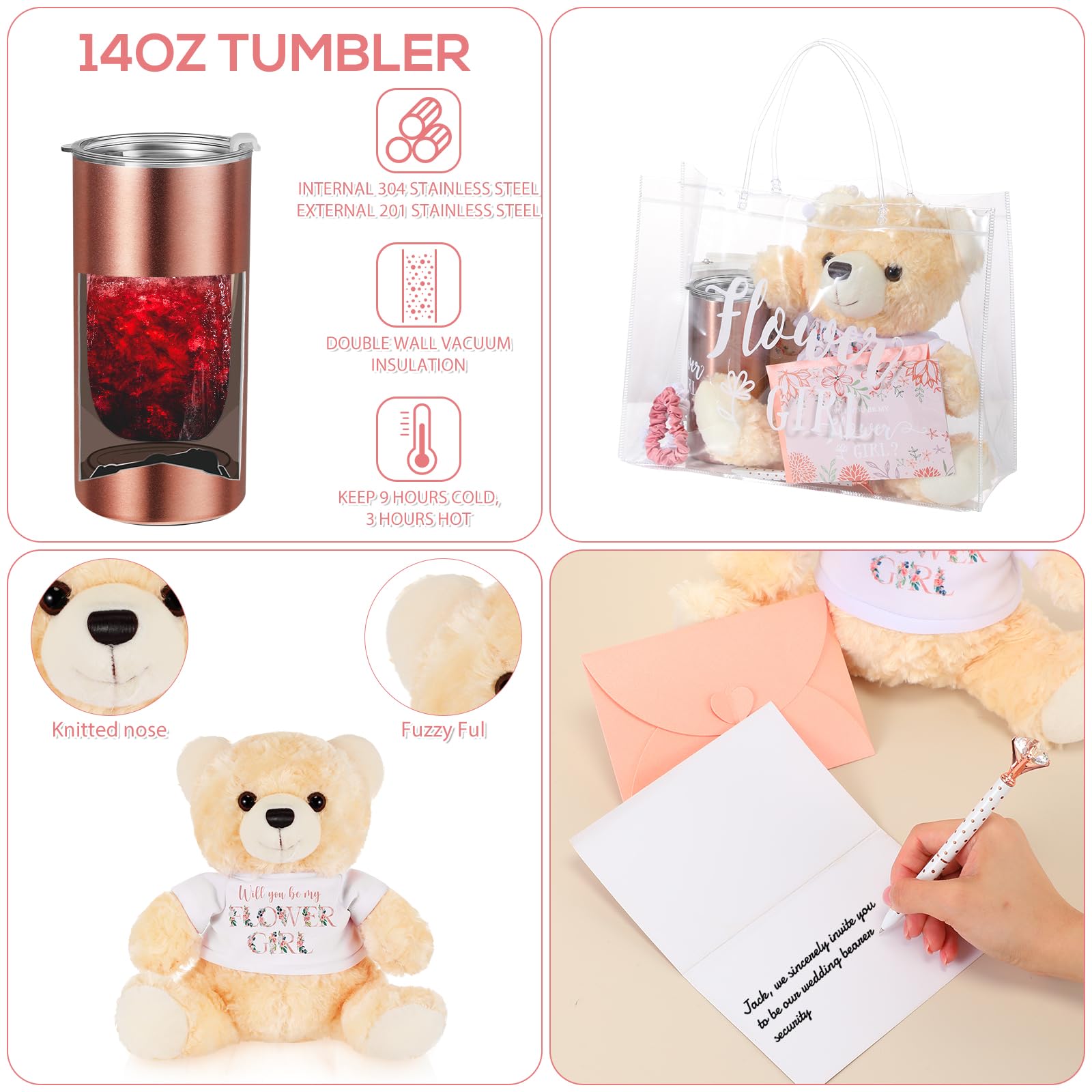 Junkin 2 Sets Flower Girl Proposal Gifts 18 Pcs Flower Girl Gifts 14 Oz Tumbler with Straws Wedding Card Be My Flower Girl Stuffed Bear Makeup Bag Diamond Pen Hair Rope Gift Bags for Bridal Shower