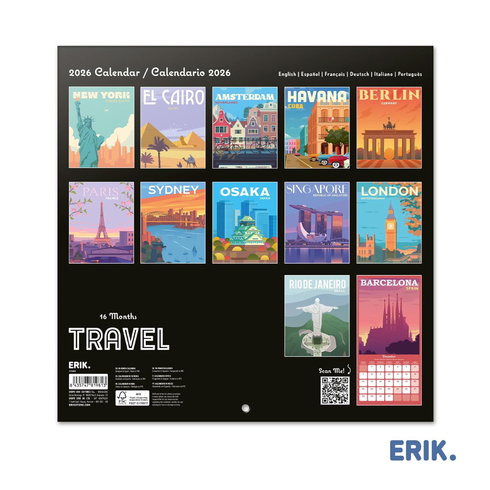 Grupo Erik Wall Calendar 2026 - Travel Calendar 2026 | Square 30 x 30 cm - 12 x 12 inches Wall Planner, Family Planner Month To View | Travel Gifts For Friends